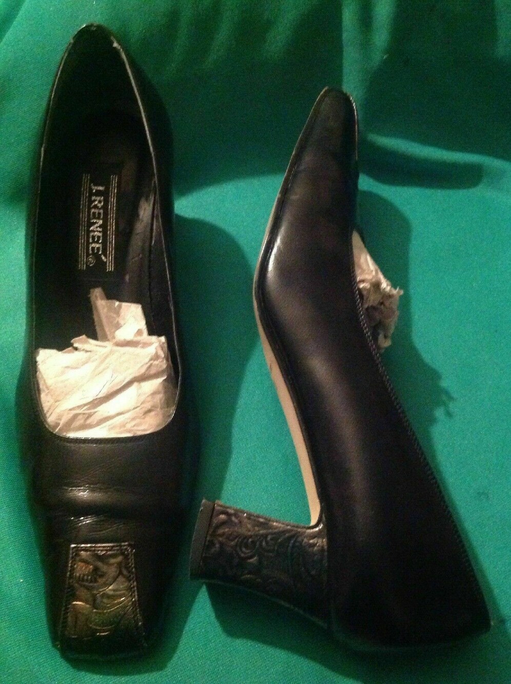 J.RENEE 8.5M WOMEN'S BLACK LEATHER PUMPS BRONZE & GRAY ACCENT HEEL & SQUARE TOE
